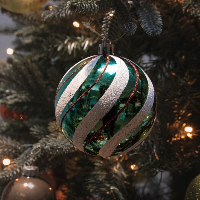 Christmas Tree Decorations Assorted Green with White and Red Glitter