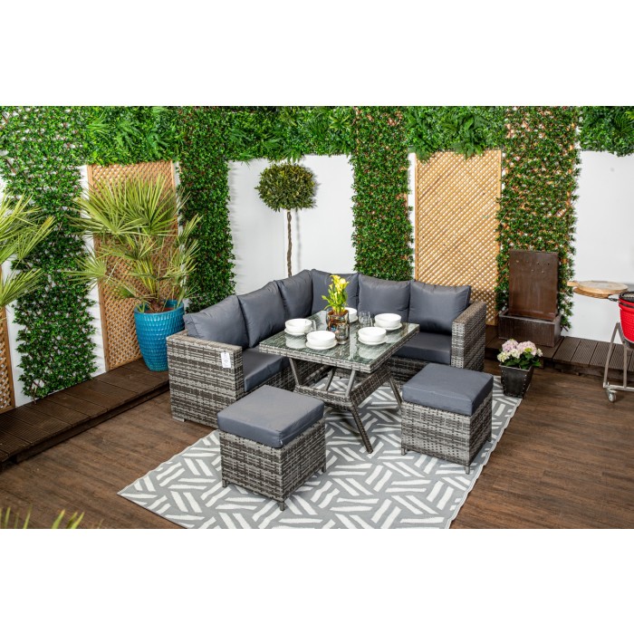 Compact Grey Rattan Corner Sofa Set with Glass Topped Dining